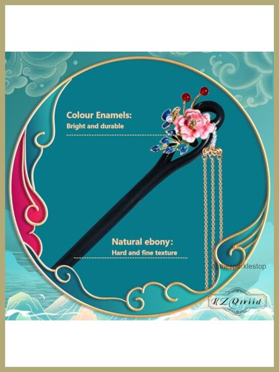 Vintage Handcrafted Natural Ebony Hair Chopsticks with Enamel Peony Pearl main image 5